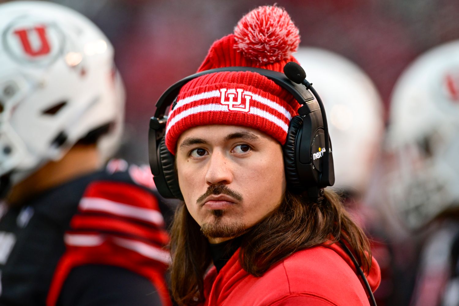 Nov 25, 2023; Salt Lake City, Utah, USA; Utah Utes quarterback Cameron Rising (7) on the sidelines against the Colorado Buffaloes at Rice-Eccles Stadium.